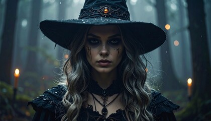A woman in a witch hat and dark attire stands in a misty forest, looking intense