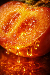 Close view of ripe orange fruit with honey-like syrup dripping from cut surface