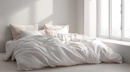 Obraz premium Clean and minimalist bedroom interior featuring unmade crisp white bedding and soft morning sunlight for a peaceful lifestyle concept