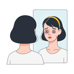 Obraz premium Young woman with dark circles reflecting sadness in mirror 