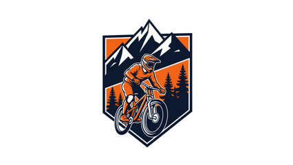 Mountain Biker Riding Downhill in a Forest with Mountains and Trees © morph