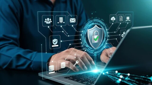 Secure data protection and network security systems. VPN connections and zero trust security. Man using laptop computer with an encrypted data security system.
