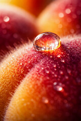 Close-up view of a water droplet on a peach skin with soft focus background showing texture and color