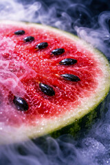 Fresh watermelon slice with black seeds against a foggy background in a modern setting