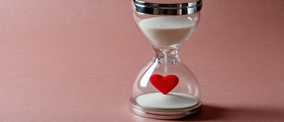 Double exposure shows hourglass with red heart on pink background highlighting time and love in a minimal design