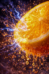 Orange slice bursts with water and energy in a colorful splash against a dark background