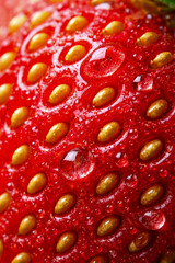Close up view of fresh strawberry with droplets resting on its red surface during summer harvest season