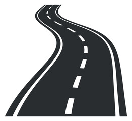 A curved road illustration with lane markings in black and white minimalist vector style, suitable for transportation and travel projects