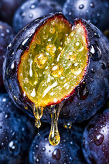 Fresh purple plums cut open showing bright yellow flesh and juice on dark background in summer season