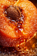 Golden amber syrup dripping from a sliced open apricot fruit on a dark background