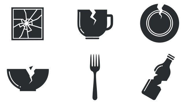 A collection of broken kitchen items including a cracked plate, cup, bowl, and a fork in minimalist black and white vector style, ideal for kitchenware brands or illustrations about breakage.