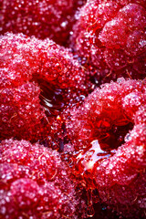 Close-up view of fresh raspberries covered in shiny droplets with vibrant colors in natural lighting