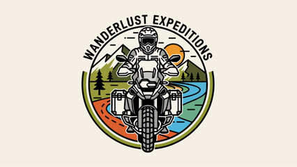 Circular logo for 'Wanderlust Expeditions' featuring an adventure motorcyclist, mountains, river, trees, and sun, symbolizing travel and exploration.