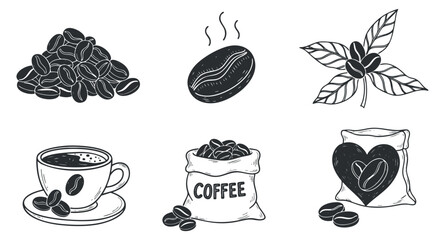 A collection of coffee-related illustrations featuring coffee beans, a cup, a sack, and coffee leaves in black and white minimalist vector style, ideal for branding and packaging