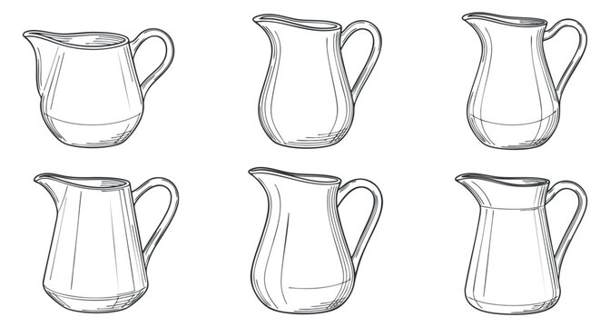 A collection of six outlined pitchers and jugs in minimalist line art style, suitable for kitchenware illustrations and design projects