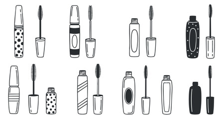 A collection of various mascara tubes and applicators in black and white outline vector style, ideal for beauty branding and packaging