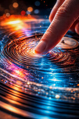 Finger touches a spinning vinyl record with lights and reflections creating an artistic effect