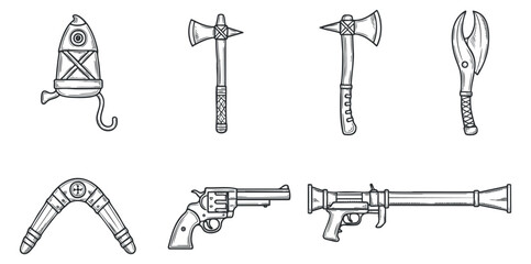 A collection of vintage tools and weapons including a fishing hook, axe, boomerang, pistol, and sword in detailed outline vector style, perfect for artistic projects and illustrations
