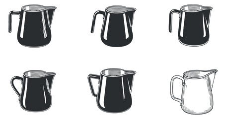 A collection of six stylish pitchers in black and white outline vector style, perfect for kitchen and restaurant designs