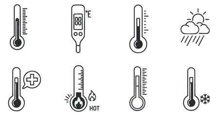 Obraz premium A collection of thermometer icons depicting various temperature measurements in flat outline vector style, suitable for educational and scientific contexts