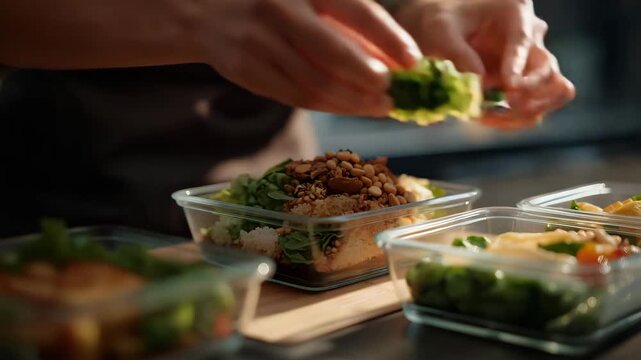 Close-up of hands organizing lunch meals, each portion placed into its own containers to encourage healthy control and consistent eating routines. cinematic color correction, natural uneven
