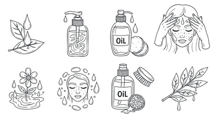 A collection of skincare and beauty elements featuring oil bottles, water droplets, and natural leaves in minimalist black and white vector style, ideal for wellness and cosmetic branding