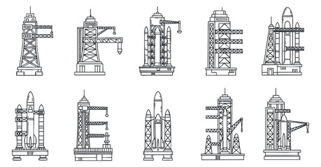 Fototapeta premium A collection of rocket launchpads and construction towers in clean outline vector style, suitable for technology and engineering projects