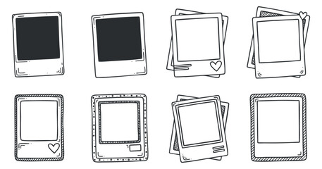 A collection of hand-drawn polaroid photo frames in black and white outline style, perfect for scrapbooking and creative projects