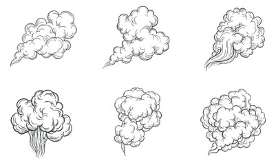 Fototapeta premium A collection of six different smoke and cloud illustrations in black and white outline vector style, suitable for graphic design projects