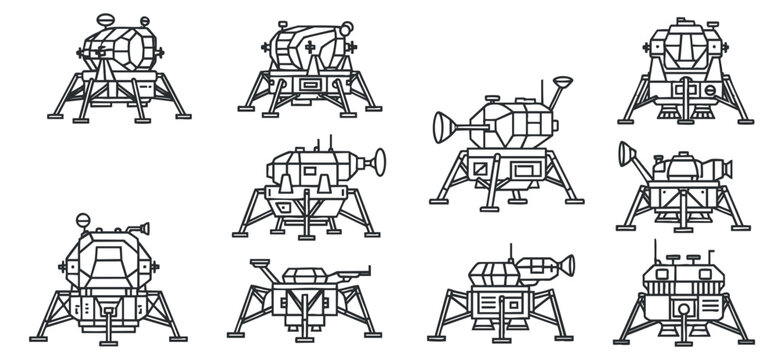 A collection of various lunar lander icons in outline style, ideal for space exploration and technology projects