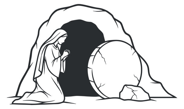 A woman praying at an open tomb with a large stone in outline vector style, suitable for religious and spiritual projects