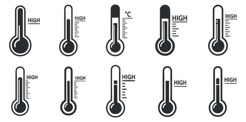 A collection of high temperature thermometer icons in black and white vector style, suitable for climate and weather graphics