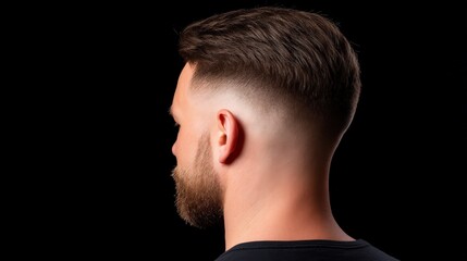 Obraz premium A stylish haircut featuring a clean fade and well-groomed beard, showcased against a black background.