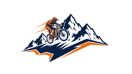 Dynamic logo of a mountain biker descending a rugged mountain range with speed lines, illustrating extreme sports and adventure. © morph