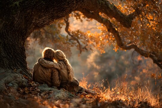 Hug holds two pals under old oak in warm light with soft jackets and rustling leaves.