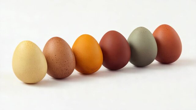 A sequence of brightly colored eggs arranged in a line against a clean, uncluttered backdrop