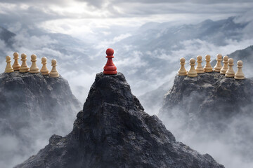 A red pawn stands alone on a mountain peak, surrounded by white pawns on either side, amidst a cloudy landscape.