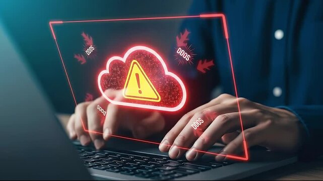 Cyber attacks on cloud servers. DDoS attack and cloud service disruption. Hacker using laptop computer.
