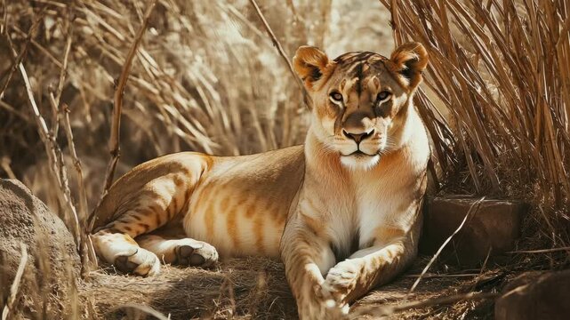 A young lioness with distinctive black spots on her fur is lying down on a rock amidst dry grasses and rocks of the savanna.
