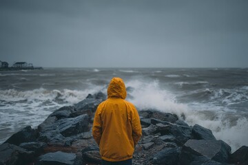 Survivor in windbreaker stands full body on rocky shore with stormy skyline background.