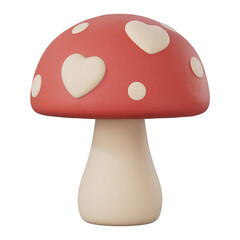 Obraz premium 3d red mushroom with heart shaped spots pattern matte clay texture. Cute fantasy nature element for fairy tale, valentines, magic forest. Romantic sticker isolated on transparent background.
