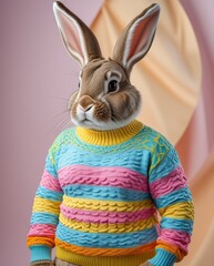 Adorable rabbit in colorful sweater standing confidently alone