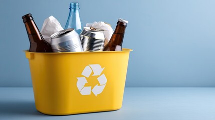 Yellow recycling bin filled with plastic, glass, metal bottles, and cans on a green background for promoting recycling awareness and practices