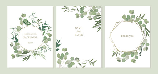 Set of floral card with eucalyptus leaves. Greenery frame. Rustic style. For wedding, birthday, party, save the date. Vector illustration. Watercolor style © natikka