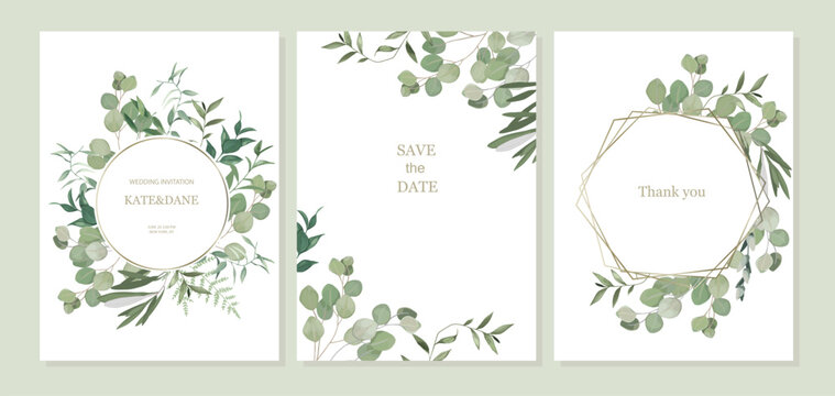 Set of floral card with eucalyptus leaves. Greenery frame. Rustic style. For wedding, birthday, party, save the date. Vector illustration. Watercolor style