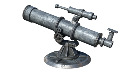 Metallic, antique telescope on a round base. Detailed gear system and secondary spotting scope