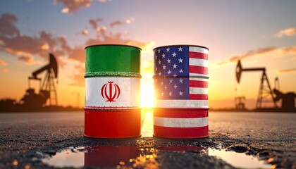 Oil barrels painted with U.S. and Iran flags side by side on flat surface under dramatic sunset