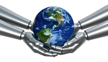Metallic arms holding the Earth, a symbol of technology and global stewardship
