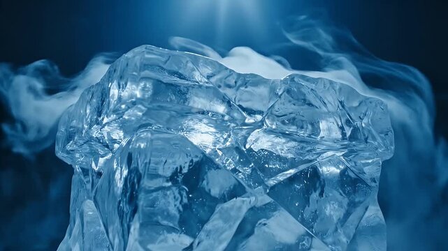 Frozen Ice Cube with Frosty Vapor on Dark Background.