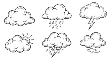 Obraz premium A collection of various weather cloud icons including rain, thunder, and lightning in simple outline vector style, ideal for weather-related designs